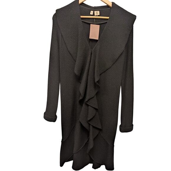 Moth Anthropologie Pure Merino Wool Ruffled Long Cardigan Sweater Black XS Twill - Picture 1 of 4